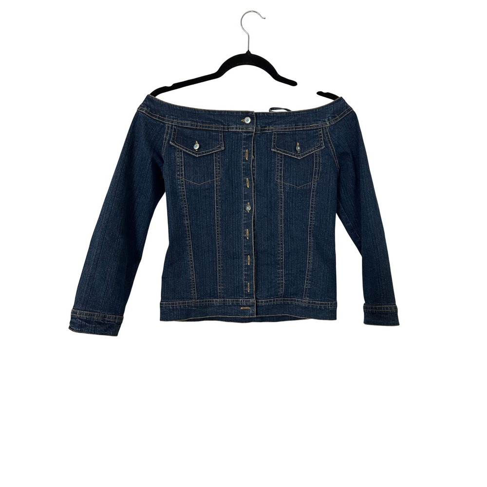 Vintage Collection Womens Off Shoulder Denim  Dark‎ Wash Turquoise Buttons S